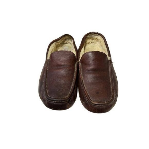 Ugg Mens Brown Leather & Shearling Lined Moccasin Slippers 10 - Picture 1 of 8